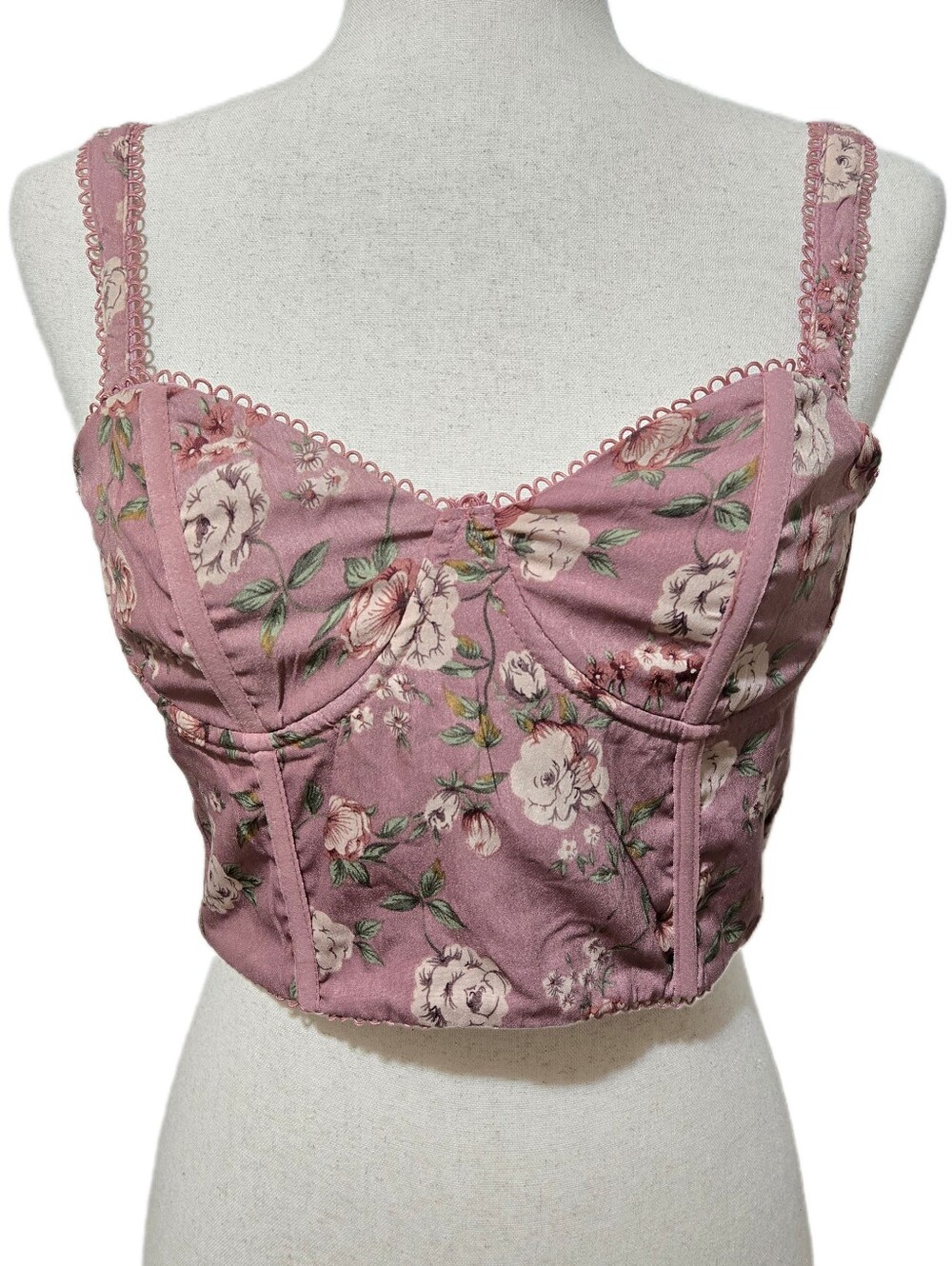 Blush BJ Mauve Floral Lace-Trim Bustier Crop Top Medium - NWT